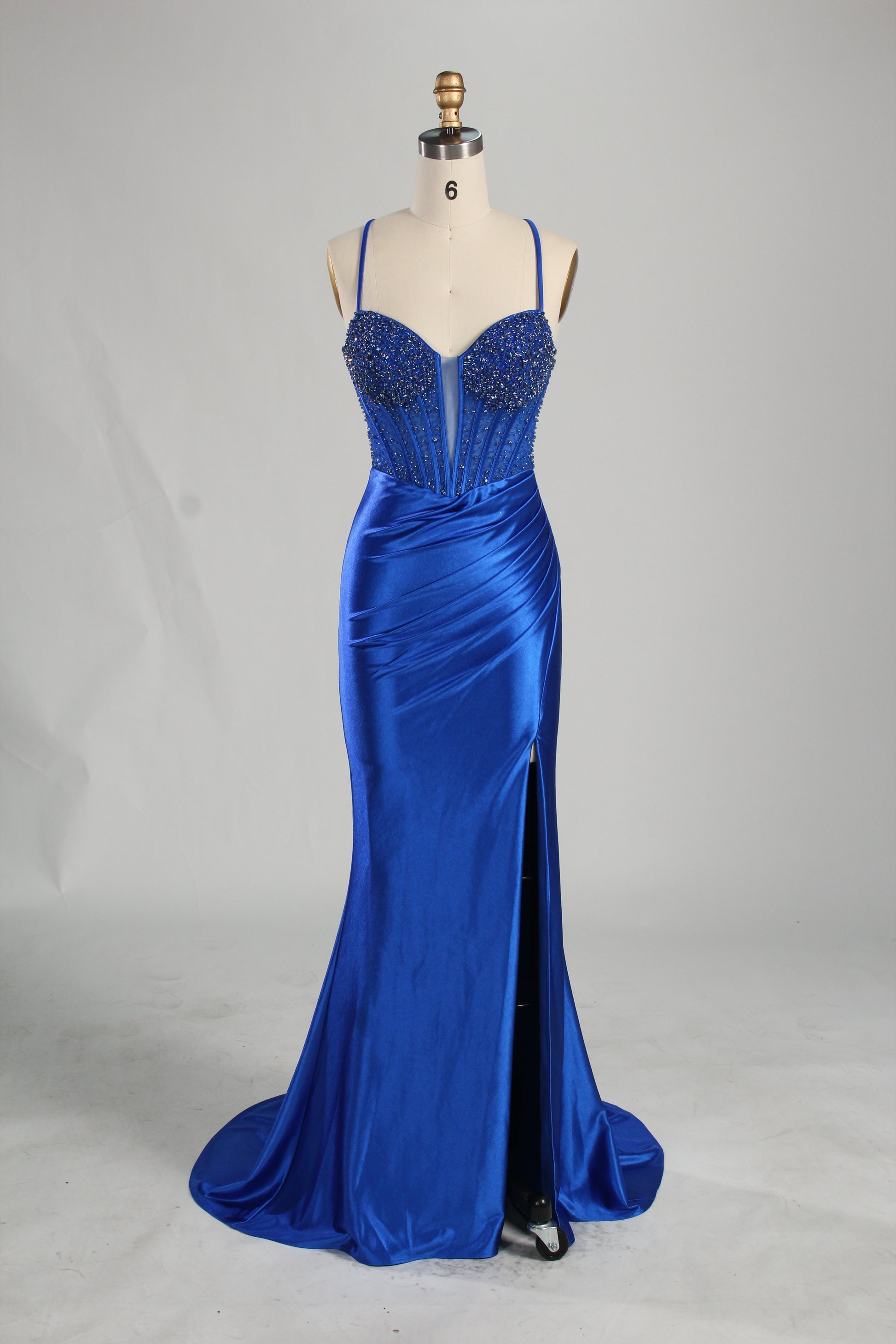 Wholesale Royal Blue Beaded Spaghetti - Strap Evening Gown 33235