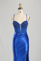 Wholesale Royal Blue Beaded Spaghetti - Strap Evening Gown 33235