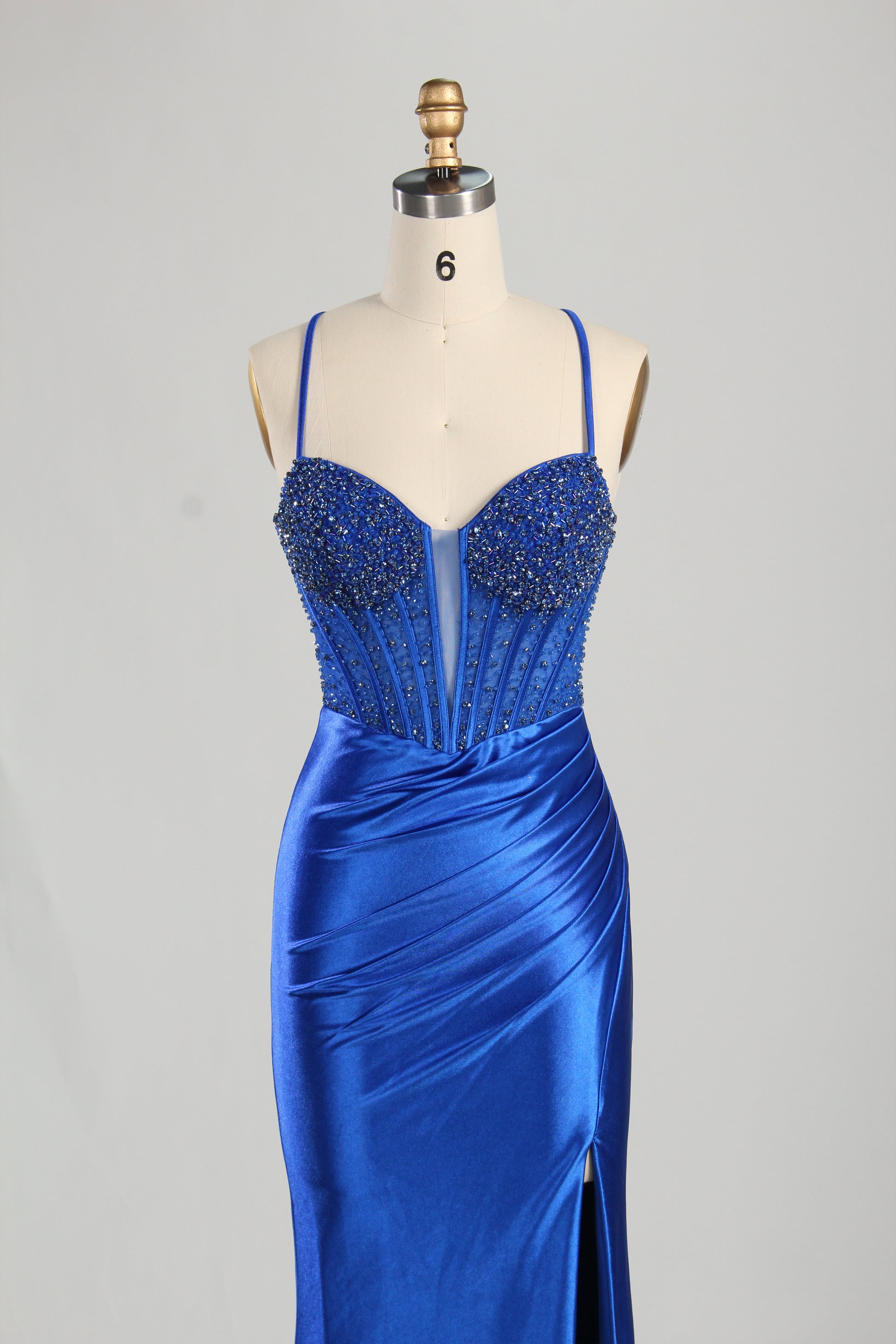 Wholesale Royal Blue Beaded Spaghetti - Strap Evening Gown 33235