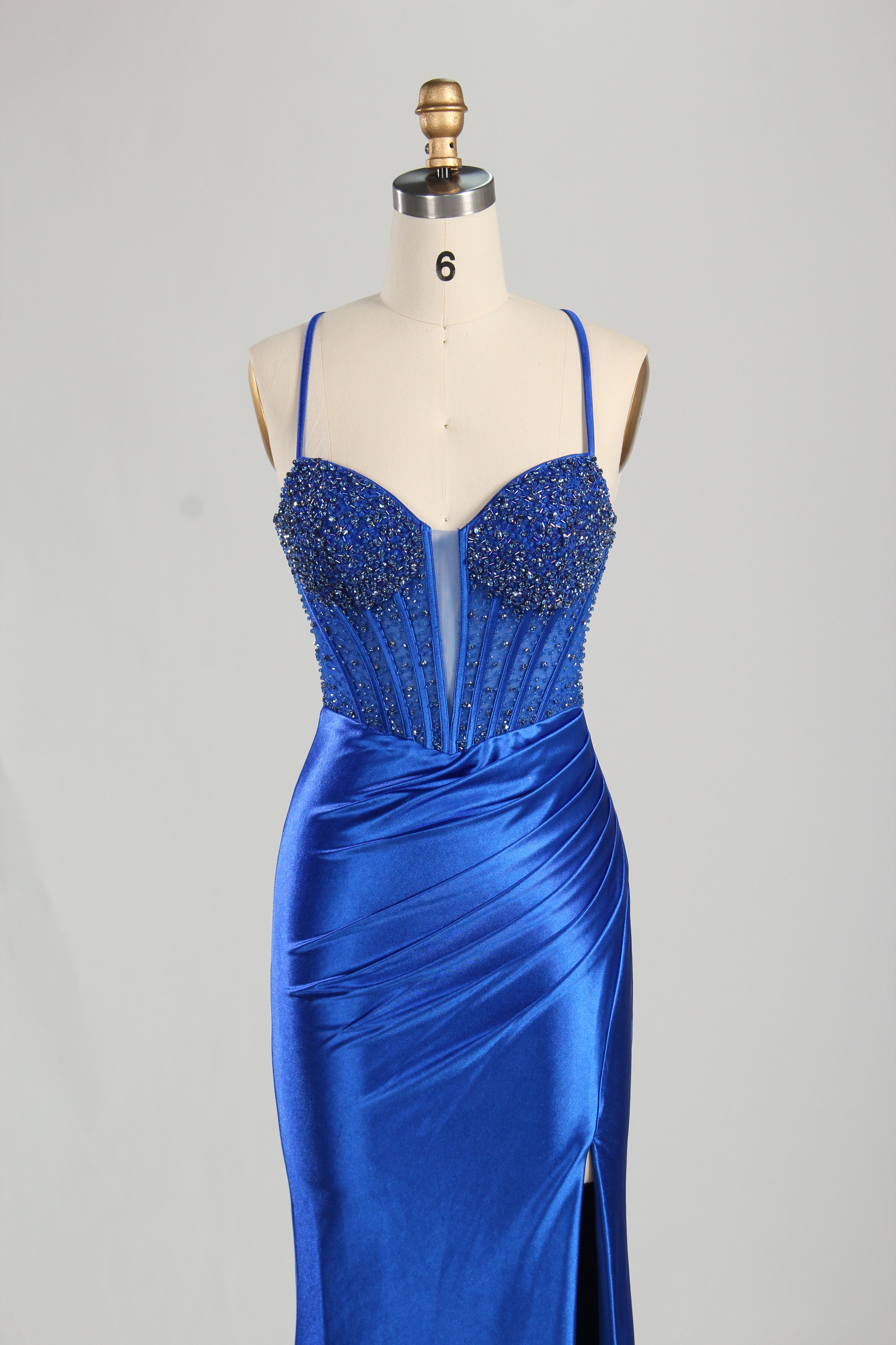 Wholesale Royal Blue Beaded Spaghetti - Strap Evening Gown 33235