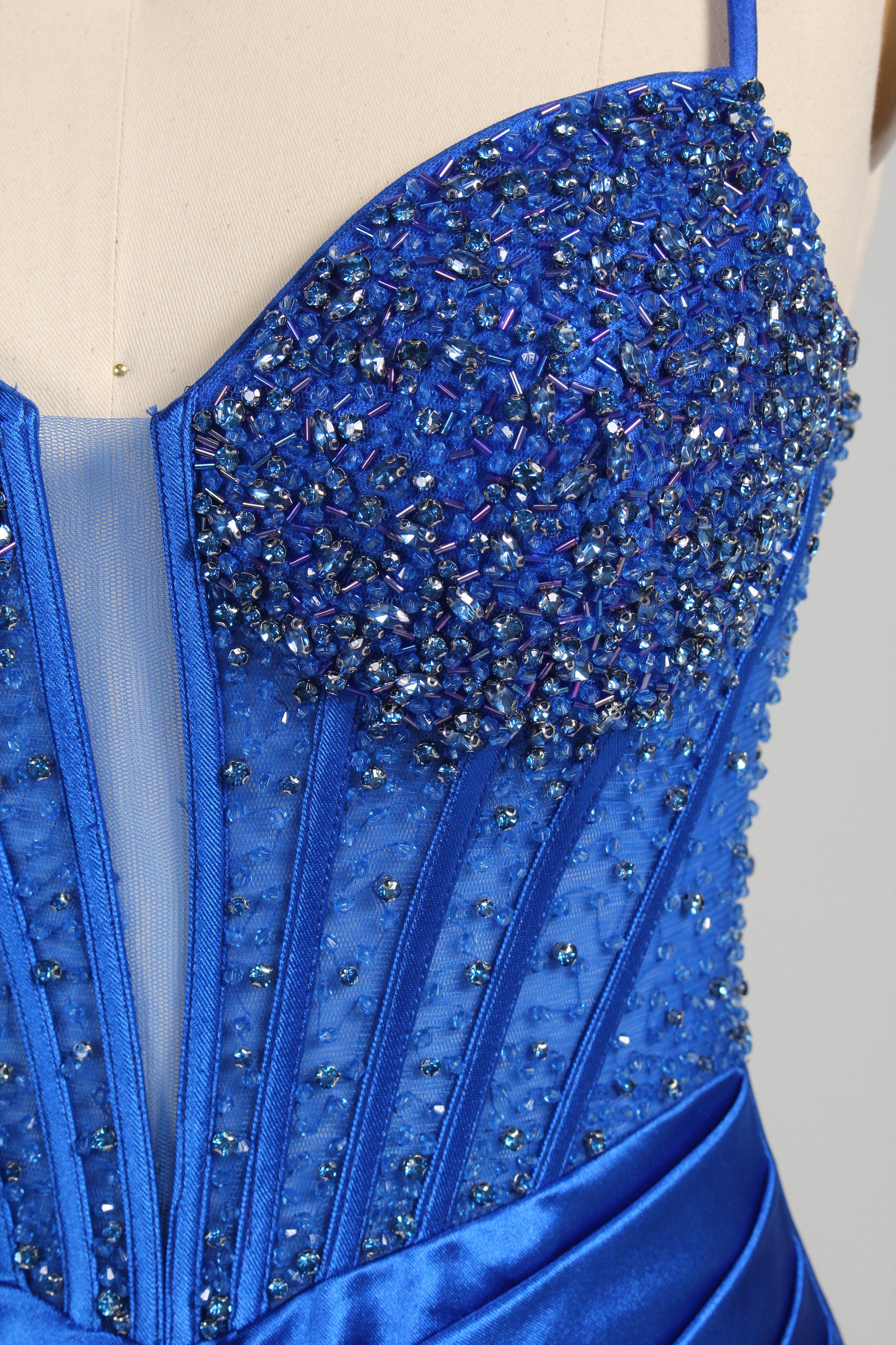 Wholesale Royal Blue Beaded Spaghetti - Strap Evening Gown 33235