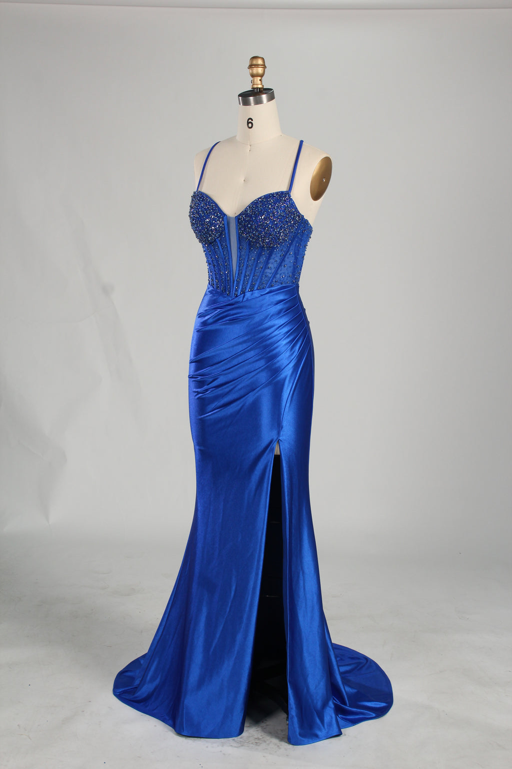 Wholesale Royal Blue Beaded Spaghetti - Strap Evening Gown 33235