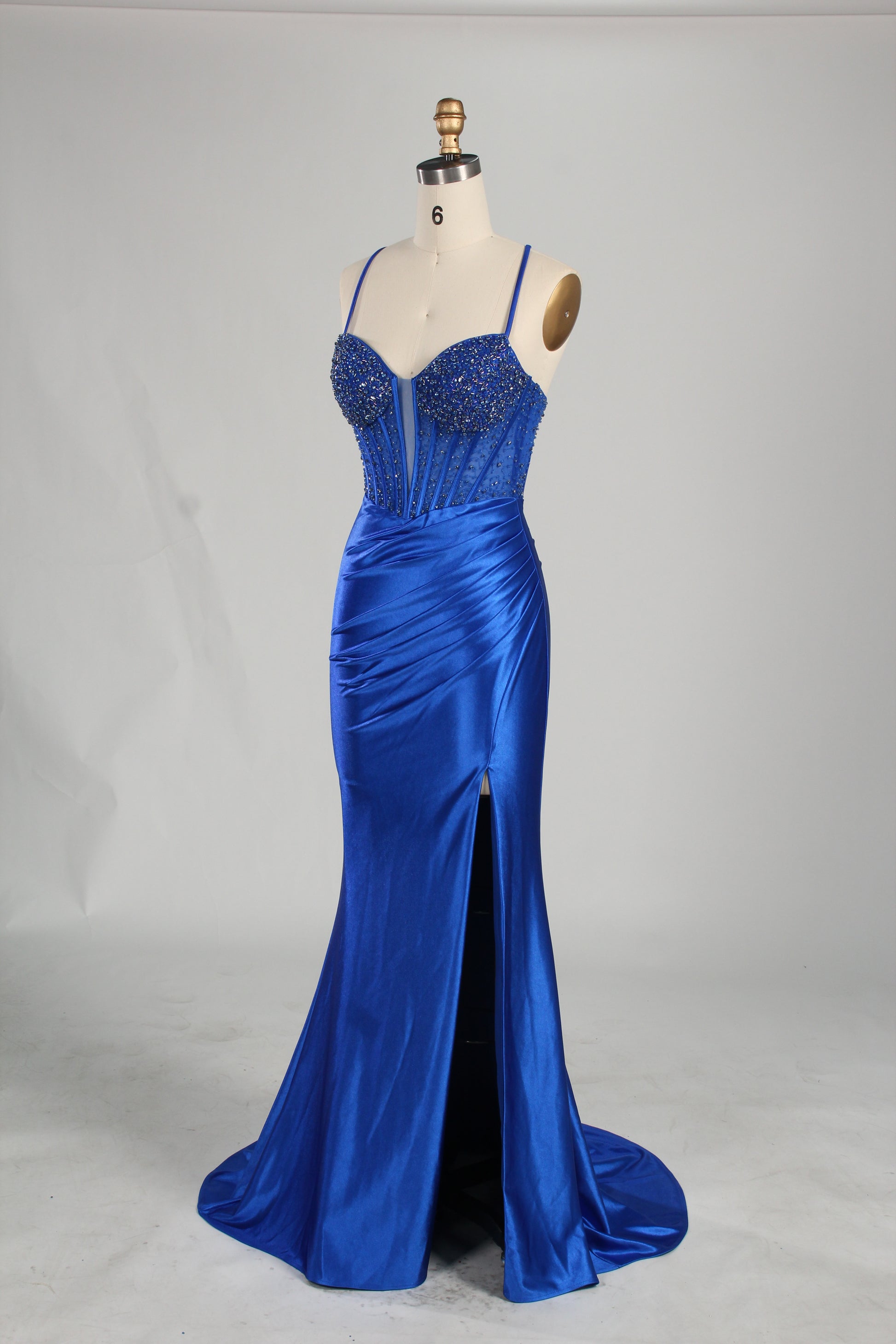 Wholesale Royal Blue Beaded Spaghetti - Strap Evening Gown 33235