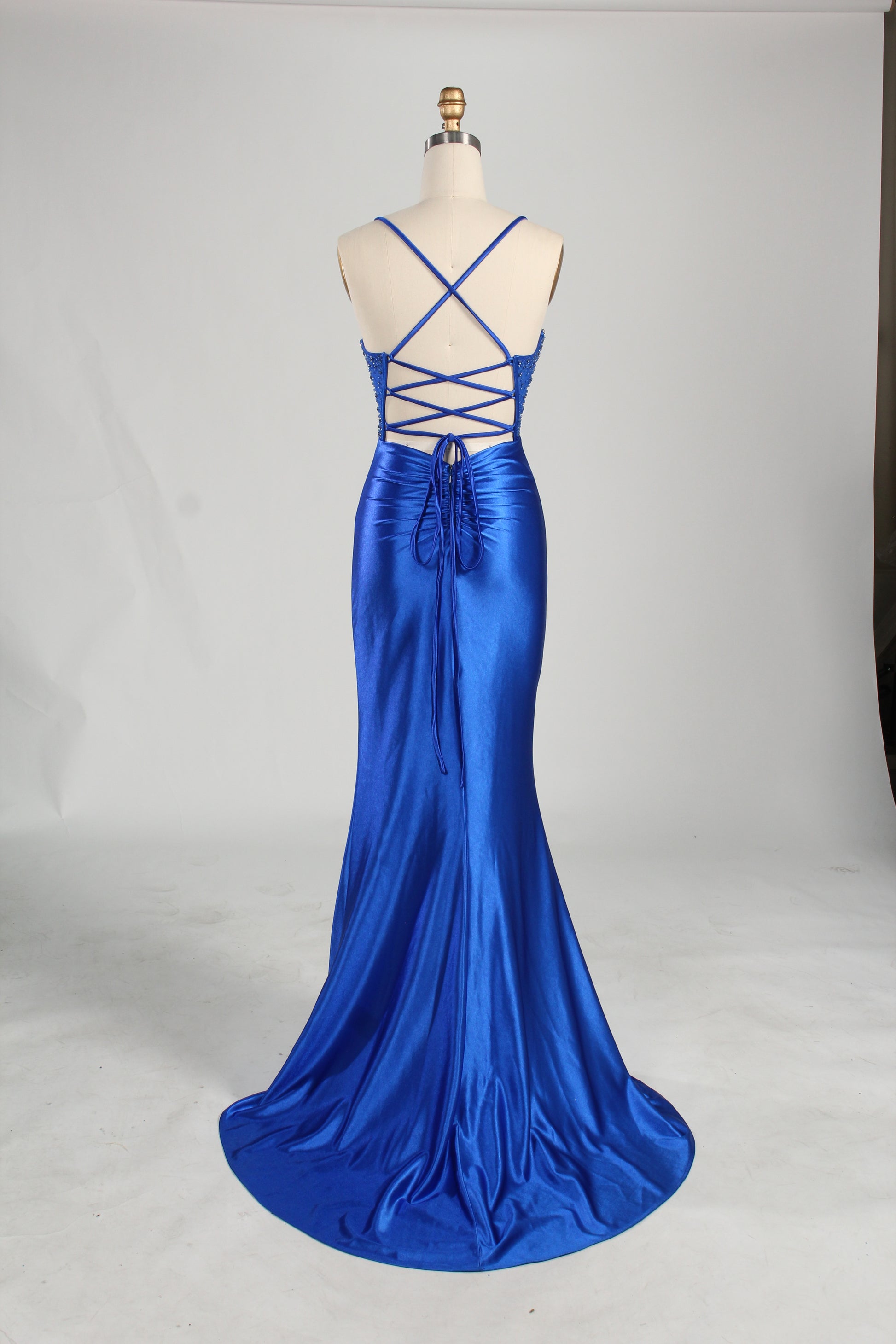 Wholesale Royal Blue Beaded Spaghetti - Strap Evening Gown 33235
