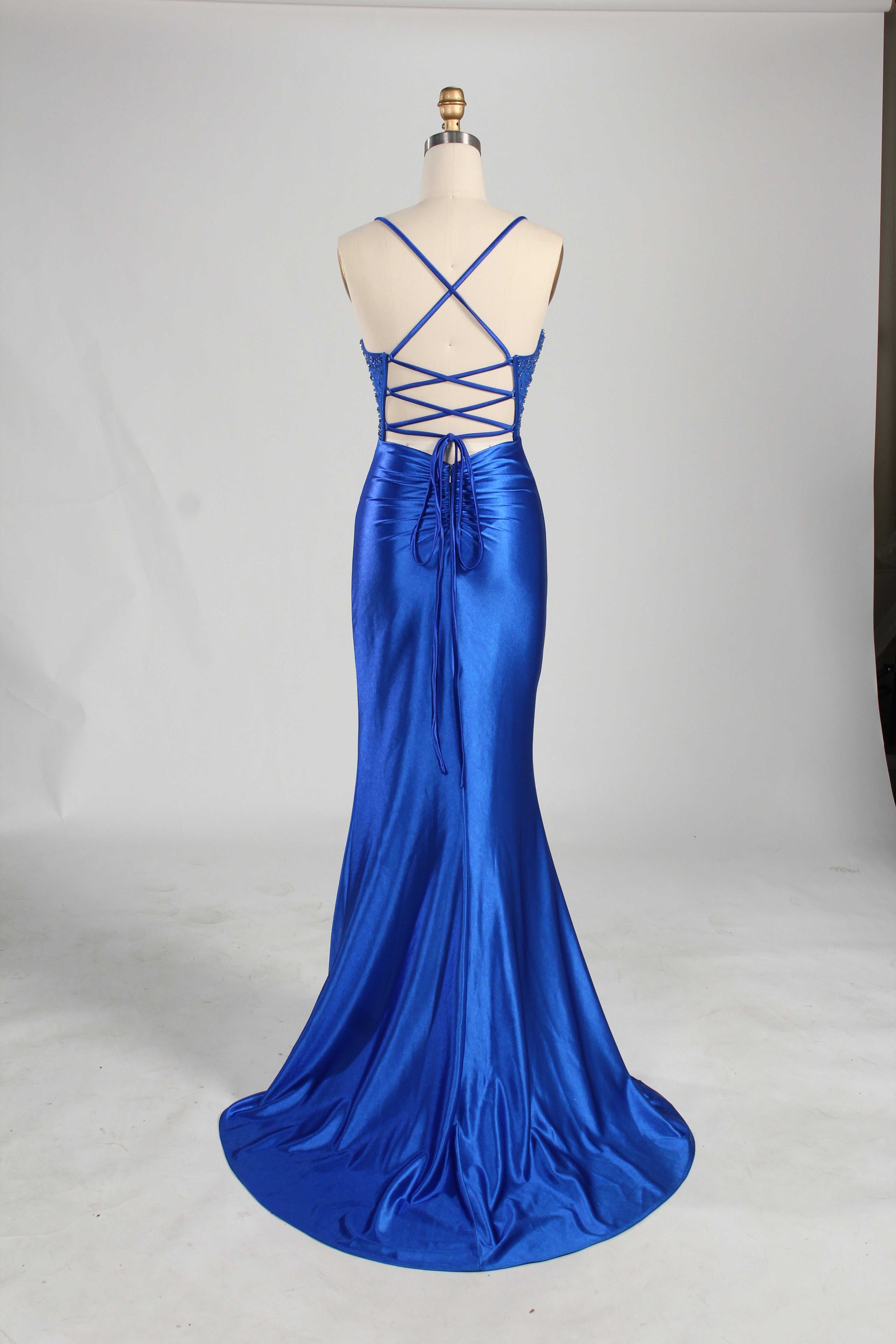 Wholesale Royal Blue Beaded Spaghetti - Strap Evening Gown 33235
