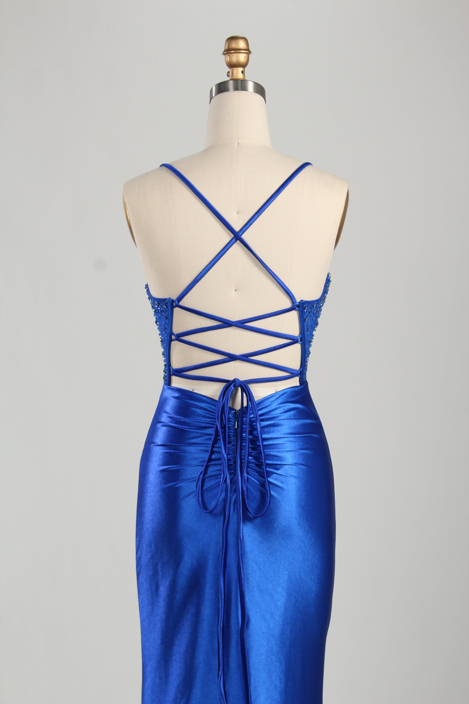 Wholesale Royal Blue Beaded Spaghetti - Strap Evening Gown 33235