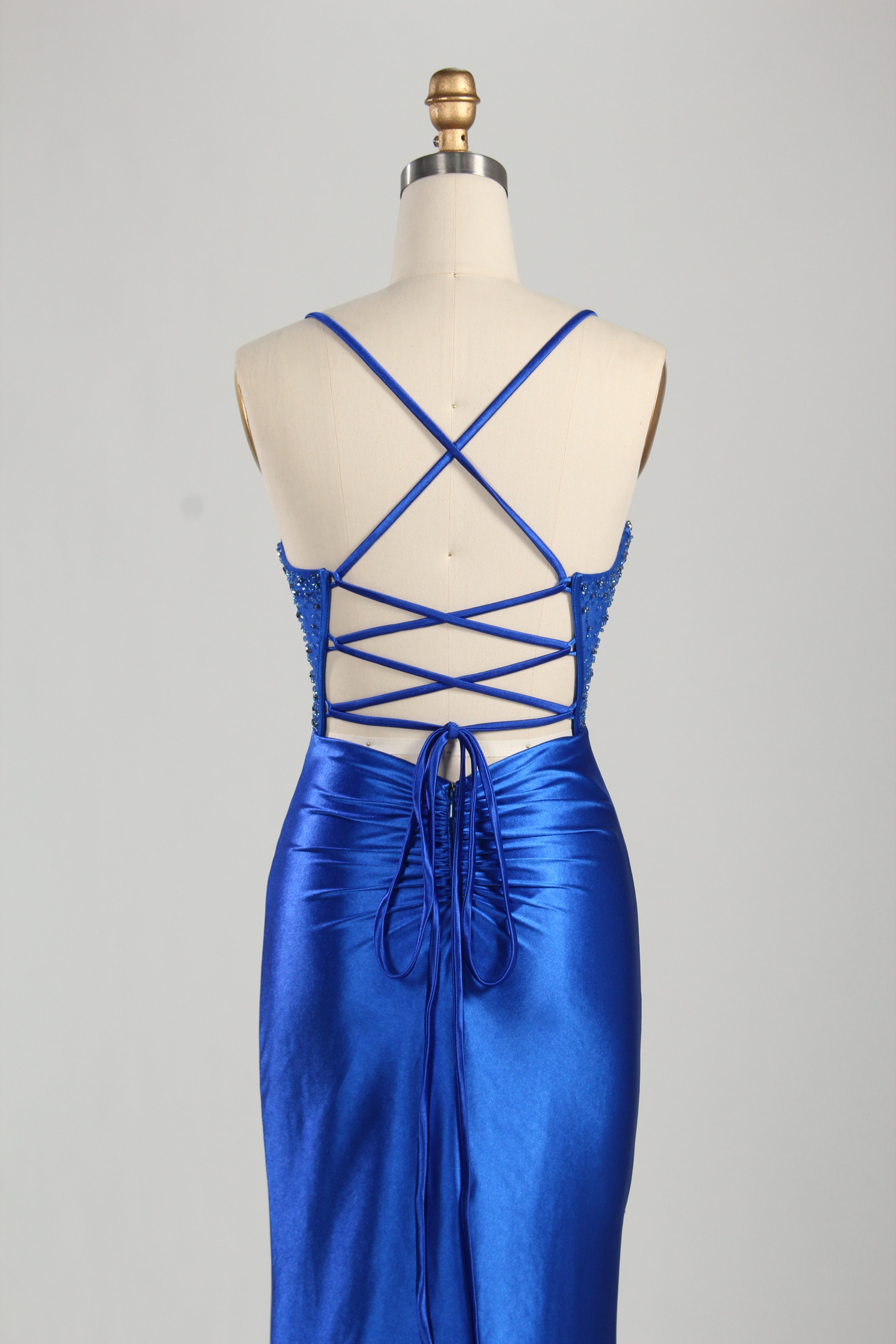Wholesale Royal Blue Beaded Spaghetti - Strap Evening Gown 33235