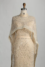 Blush Pink Beaded High Neck and Detachable Cape MOB Dress KY045