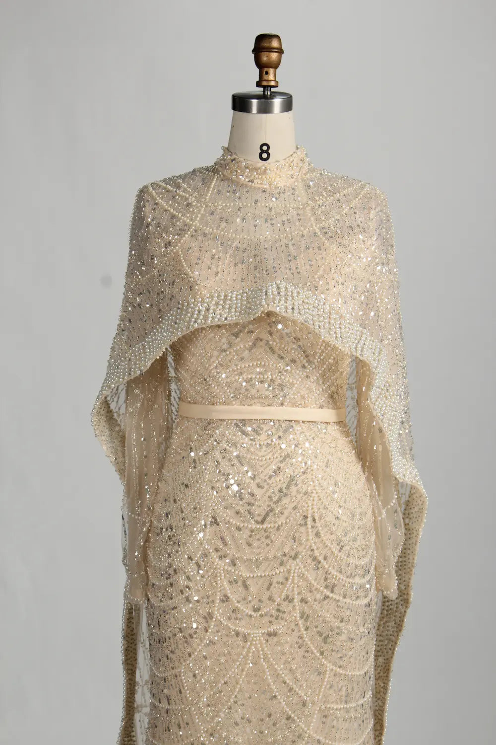 Blush Pink Beaded High Neck and Detachable Cape MOB Dress KY045