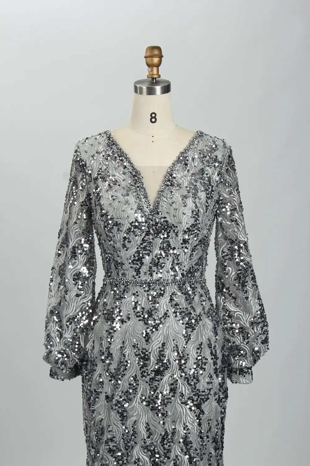 Sage Green Sequin V-Neck Long Sleeve Mother of the Bride Dress MK117