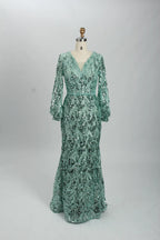 Sage Green Sequin V-Neck Long Sleeve Mother of the Bride Dress MK117