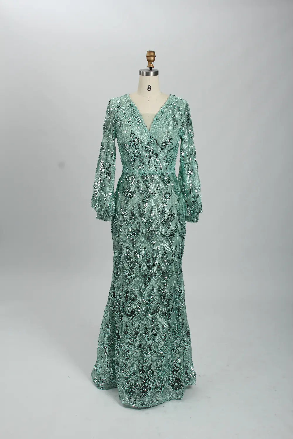 Sage Green Sequin V-Neck Long Sleeve Mother of the Bride Dress MK117