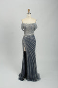 Sequin Off the Shoulder Slate Blue Mother of the Bride or Groom Dress KS034