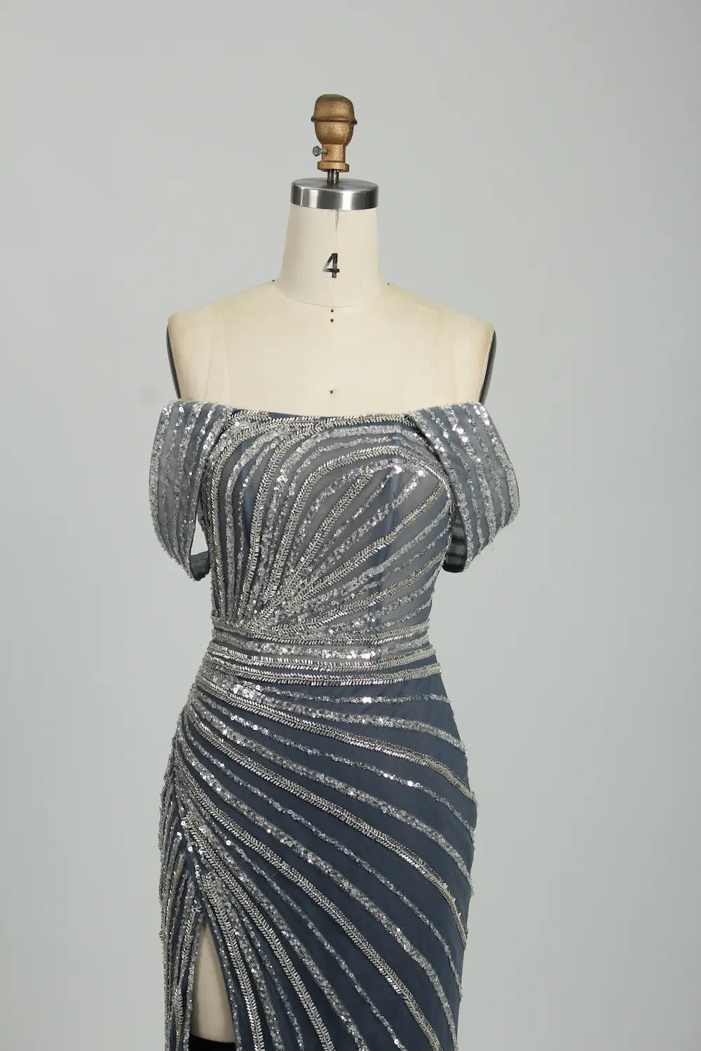 Sequin Off the Shoulder Slate Blue Mother of the Bride or Groom Dress KS034