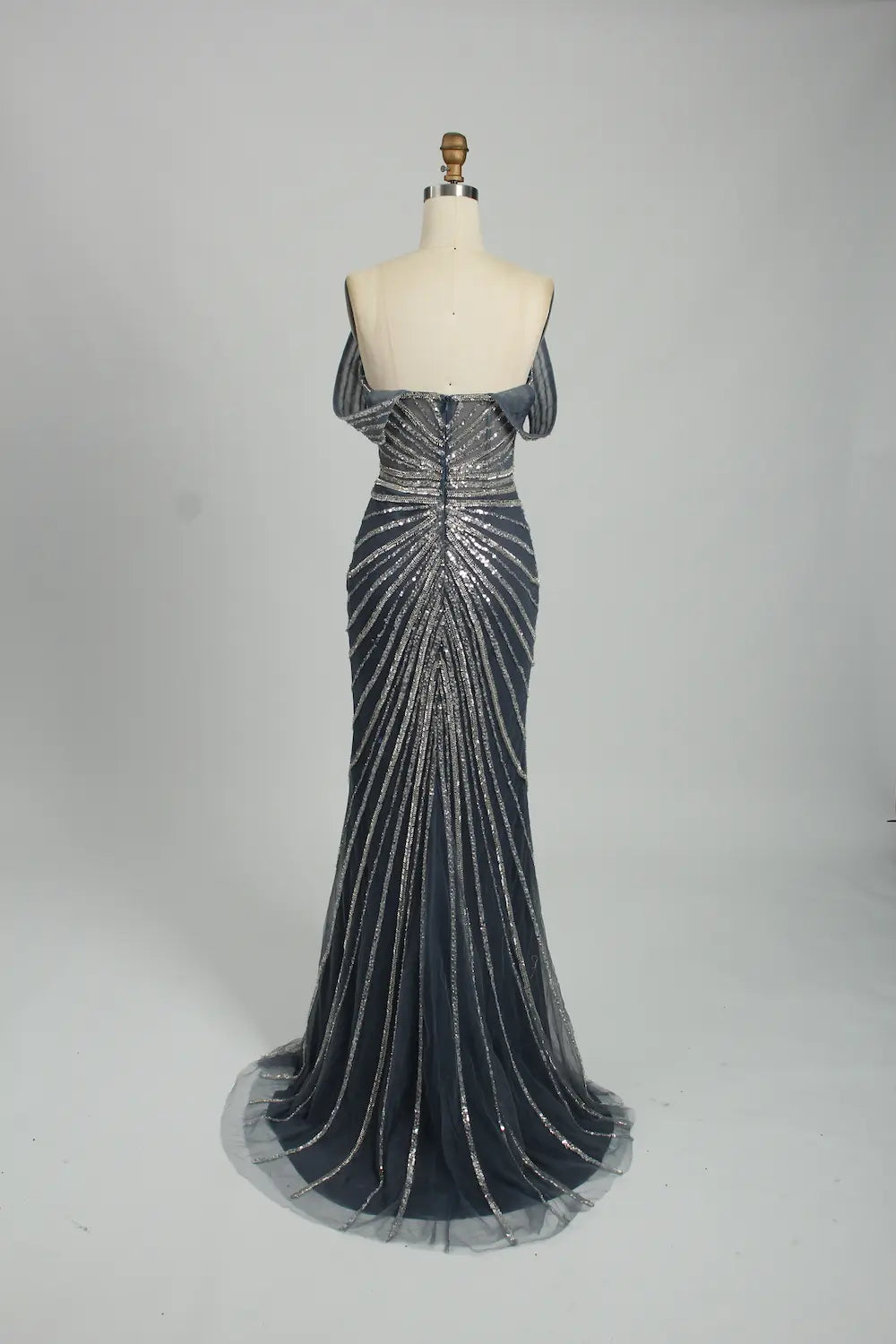 Sequin Off the Shoulder Slate Blue Mother of the Bride or Groom Dress KS034