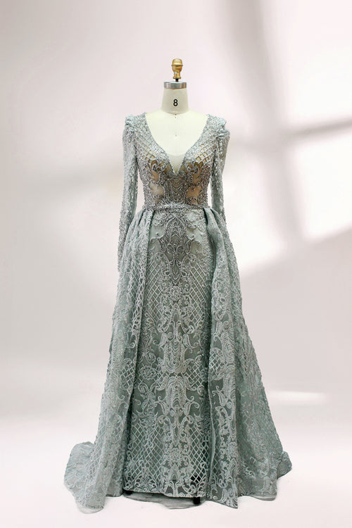 Embroidered sheer sleeve mother dress in sage green with V-neck and gathered skirt
