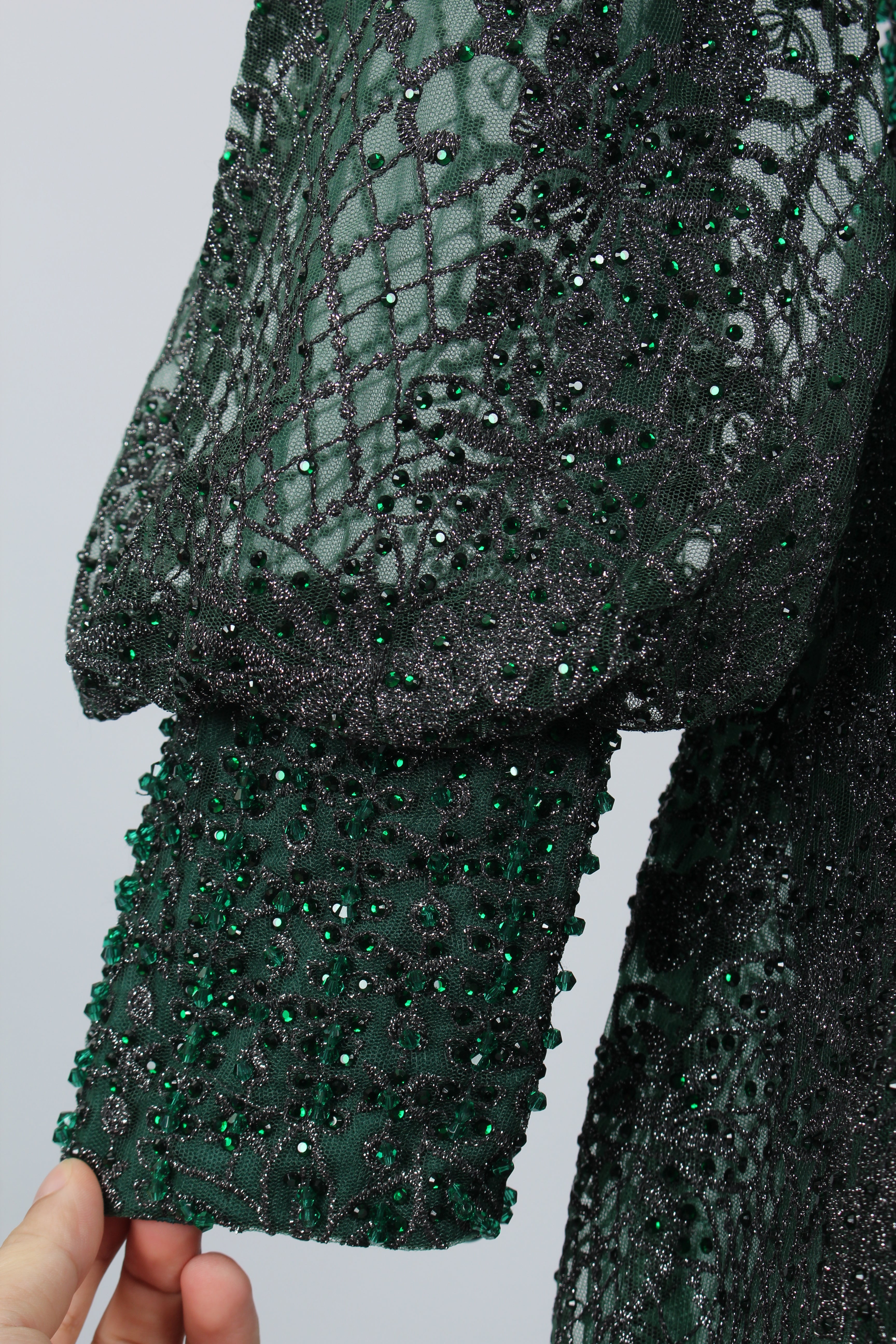 Green Beaded Mother of the Bride Dress with Long Puff Sleeves & Train MK074