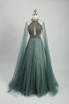 Beaded High Neck A-Line Mother of the Bride Dress with Cape Sleeves KS036