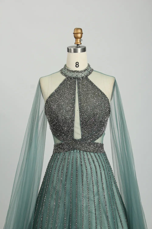 Beaded High Neck A-Line Mother of the Bride Dress with Cape Sleeves KS036
