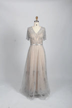 V-Neck Sparkling A-Line Mother of the Bride Dress with Short Sleeves MC083