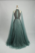 Beaded High Neck A-Line Mother of the Bride Dress with Cape Sleeves KS036