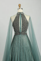 Beaded High Neck A-Line Mother of the Bride Dress with Cape Sleeves KS036