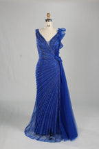 Royal blue beaded V-neck long dress with lace cascade shoulder detail