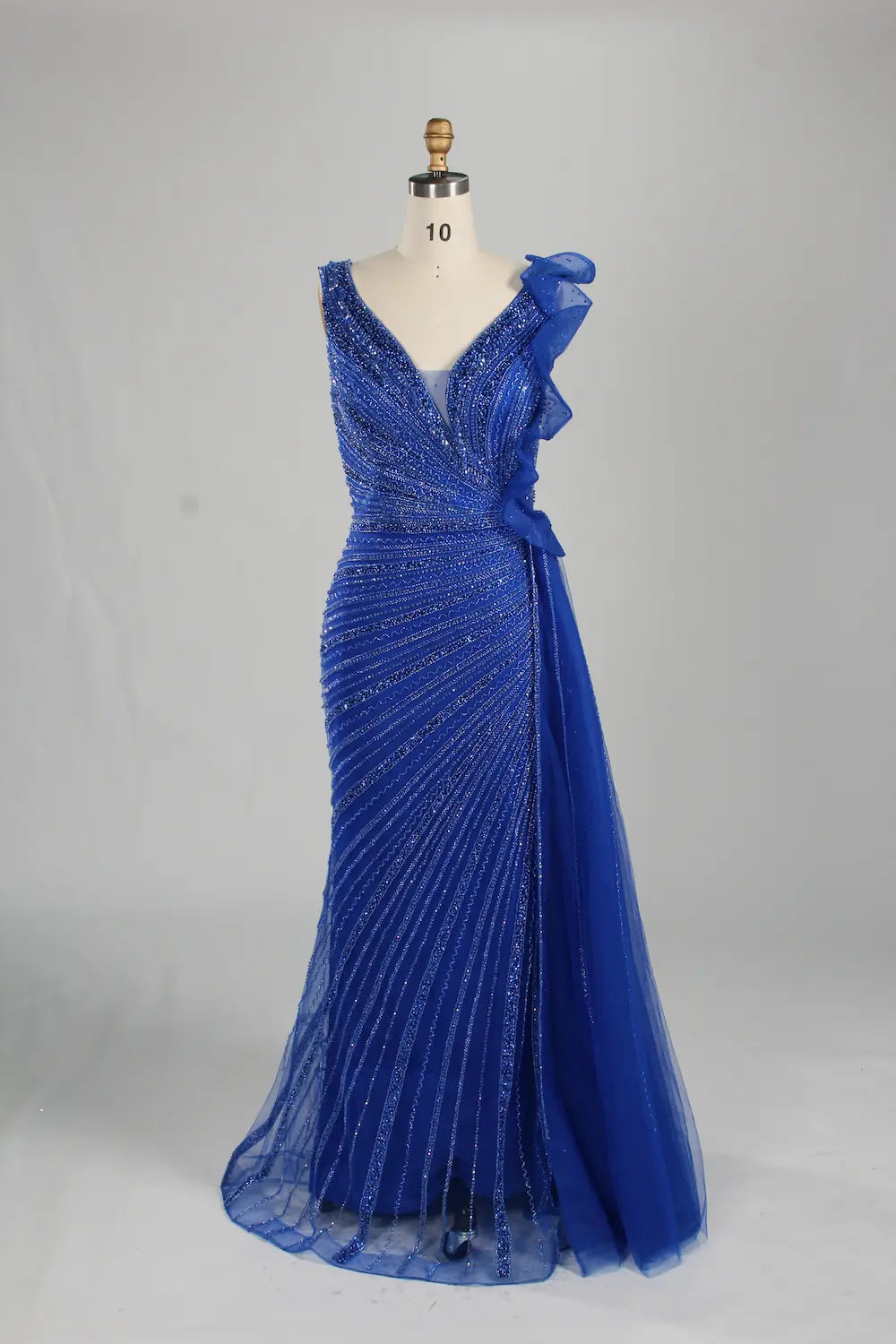 Royal blue beaded V-neck long dress with lace cascade shoulder detail