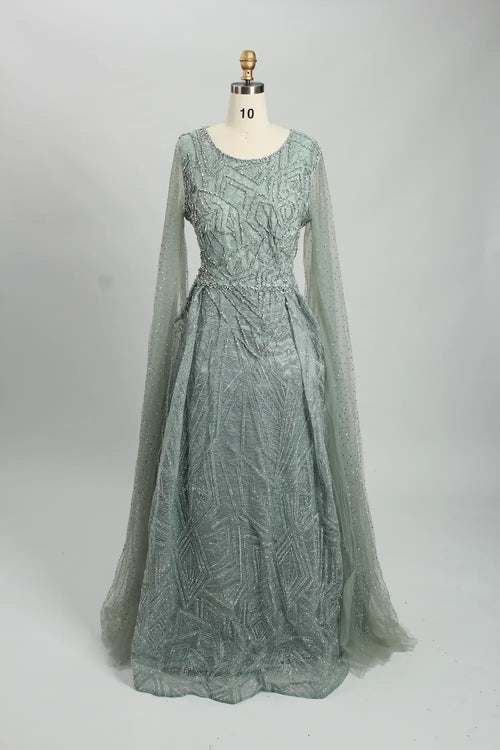 Teal beaded A-line evening dress with long sheer sleeves and scoop neckline
