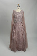 Mauve beaded A-line evening dress with long sheer sleeves and scoop neckline