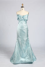 Off-shoulder light blue metallic mermaid dress with off-shoulder ruffle neckline