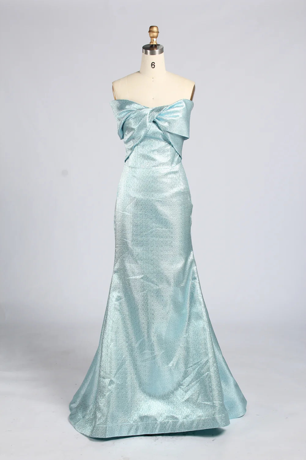 Off-shoulder light blue metallic mermaid dress with off-shoulder ruffle neckline
