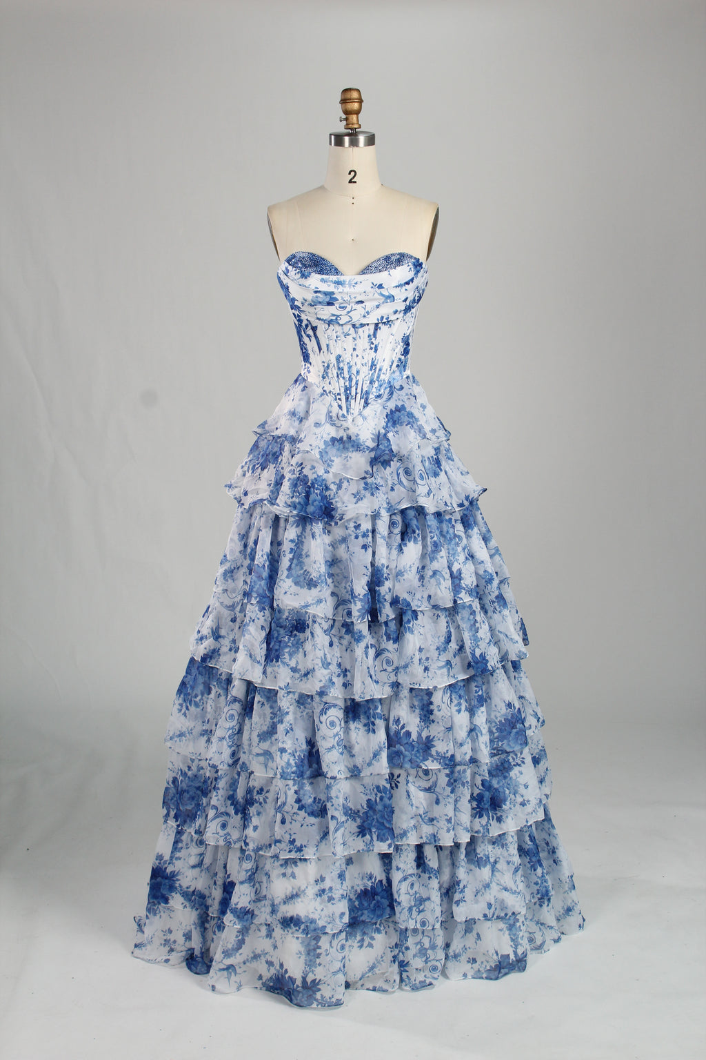 Wholesale Elegant Strapless Floral Chiffon Rhinestone Prom Gown 33223