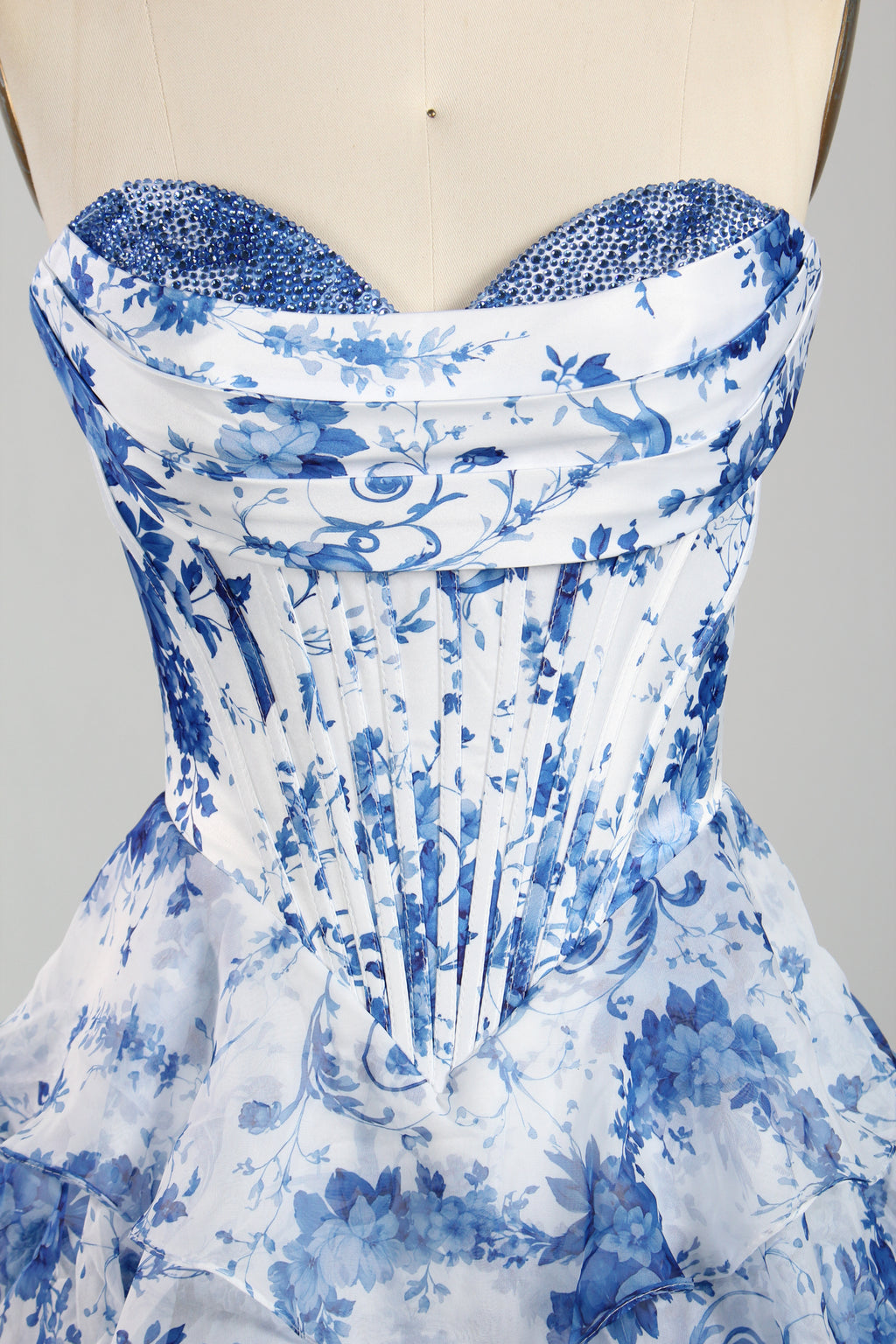 Wholesale Elegant Strapless Floral Chiffon Rhinestone Prom Gown 33223