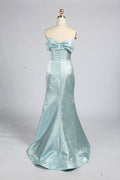 Off-shoulder light blue metallic mermaid gown with wide neckline and draped bodice