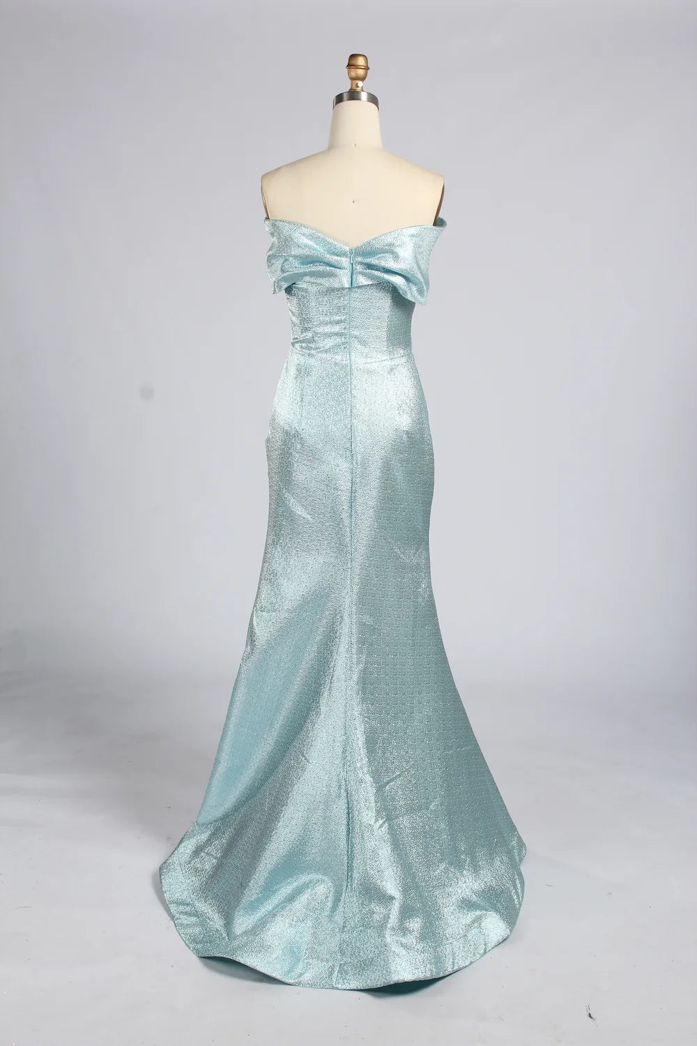 Off-shoulder light blue metallic mermaid gown with wide neckline and draped bodice