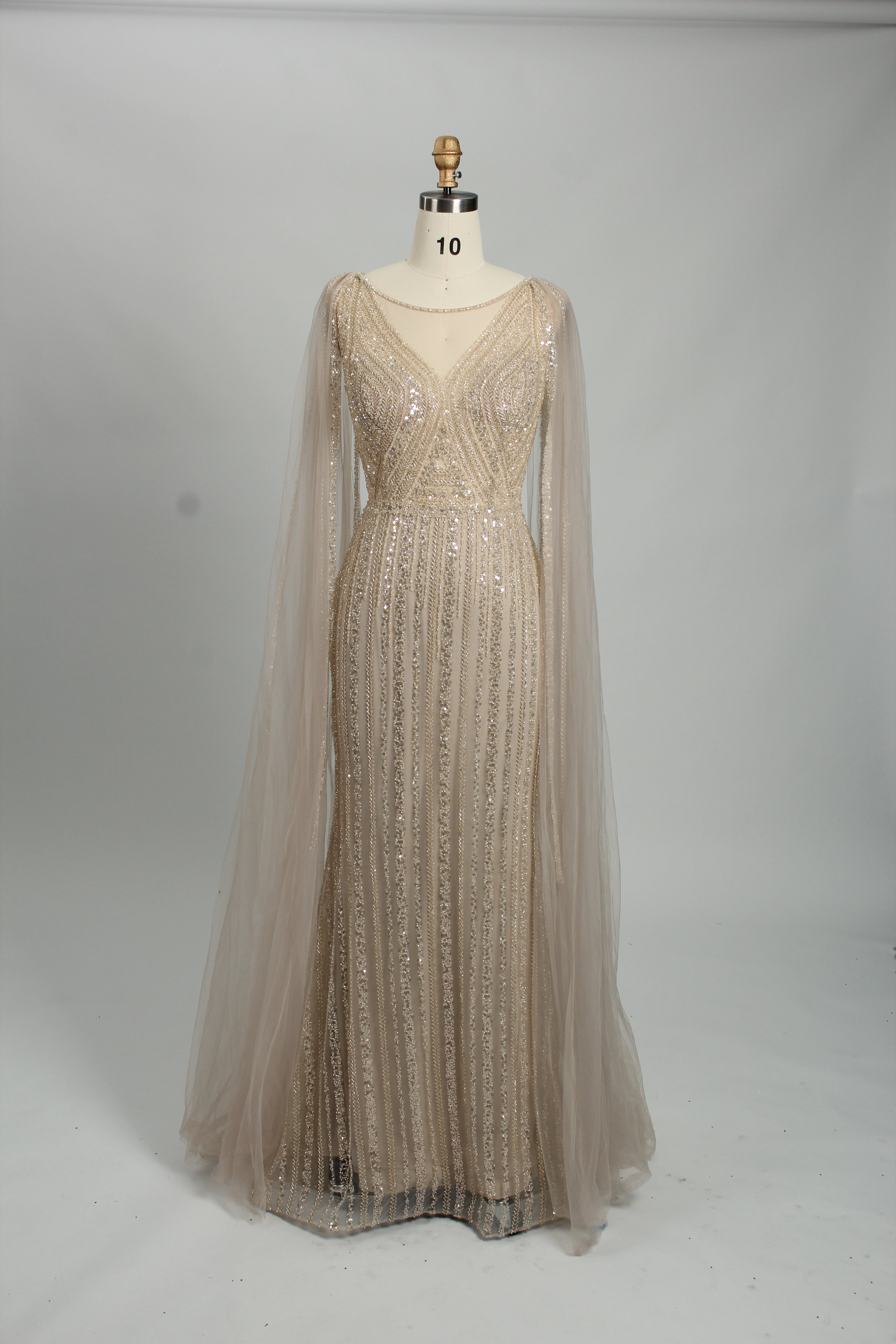 Exquisite Sequin Embellishments Cape Sleeves Mermaid Gown Evening MK133