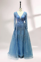 Illuminated softly, a mannequin showcases a light - gray evening gown. With a deep V - neckline, long puffed sleeves, and elaborate bead and lace embroidery, the gown exudes an air of luxury and sophistication, making it an excellent choice for formal galas and upscale events.3