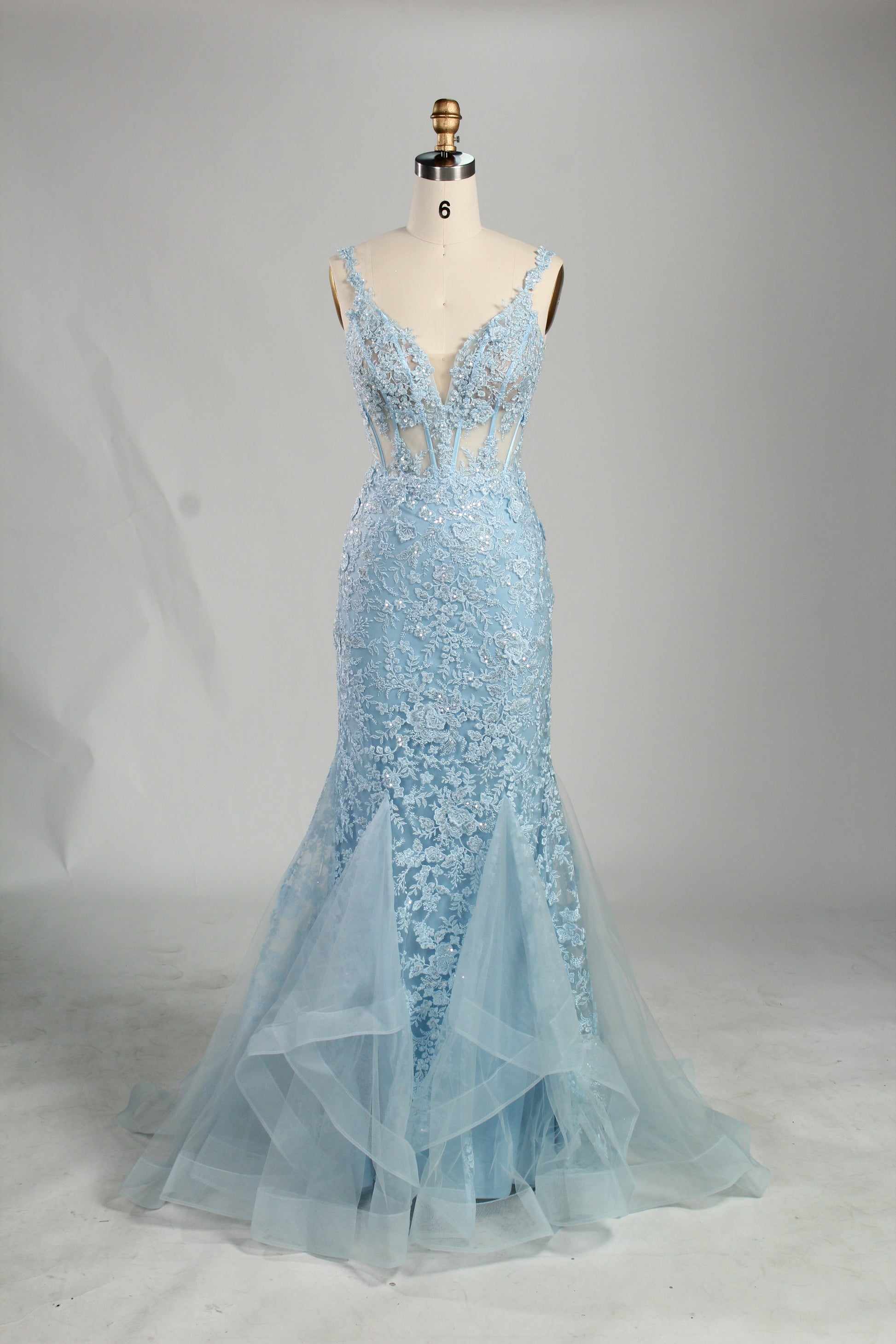 Wholesale Light Blue Lace Prom Dress - Mermaid Criss - Cross Back Gown 33248