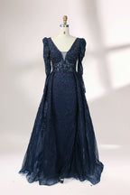 Illuminated softly, a mannequin showcases a light - gray evening gown. With a deep V - neckline, long puffed sleeves, and elaborate bead and lace embroidery, the gown exudes an air of luxury and sophistication, making it an excellent choice for formal galas and upscale events.4