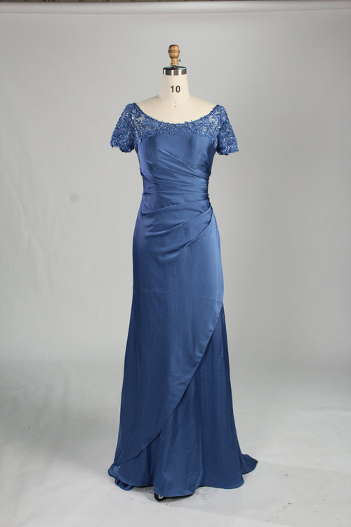 Front view of an exquisite steel blue sheath fit and flare mother of the bride dress featuring a scoop neck lace bodice, short sleeves, draped wrap-style satin waistline, and a long flowing floor-length satin skirt, perfect for weddings or formal evening galas and available for wholesale or bulk purchase.