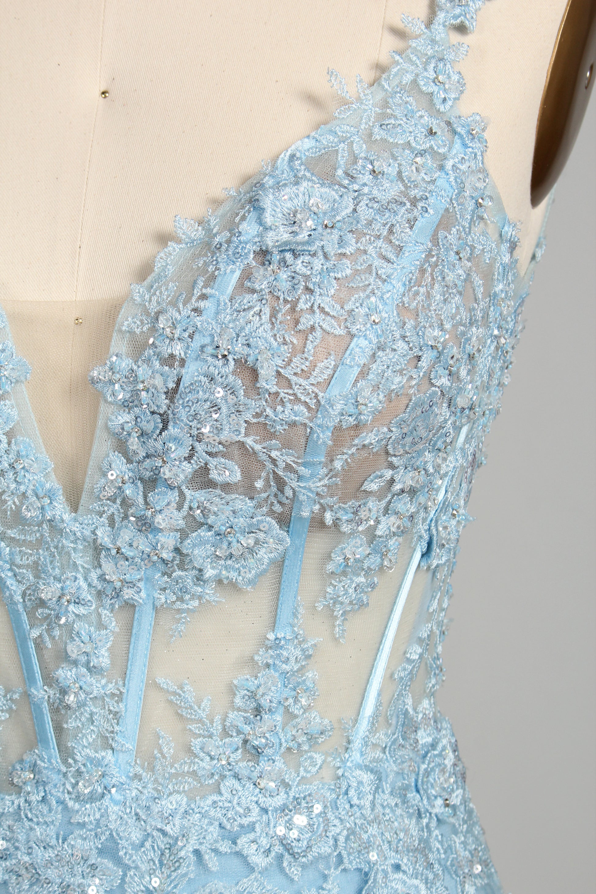 Wholesale Light Blue Lace Prom Dress - Mermaid Criss - Cross Back Gown 33248