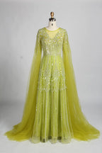V-Neck Sequin Lace A-Line Draped Sleeves Mother of the Bride Dress KY058