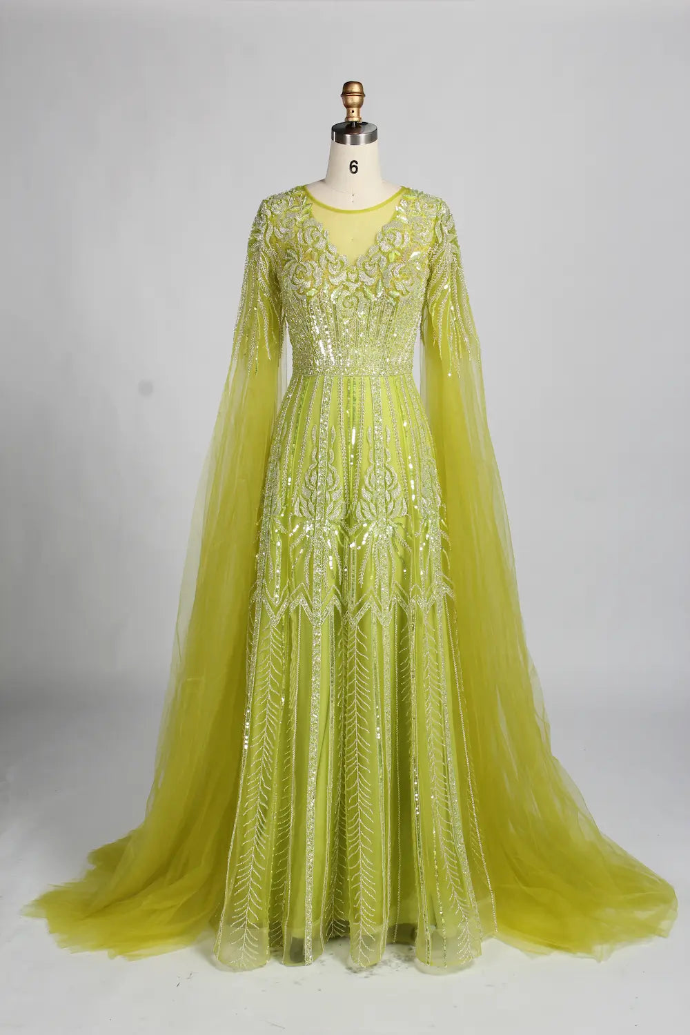 V-Neck Sequin Lace A-Line Draped Sleeves Mother of the Bride Dress KY058