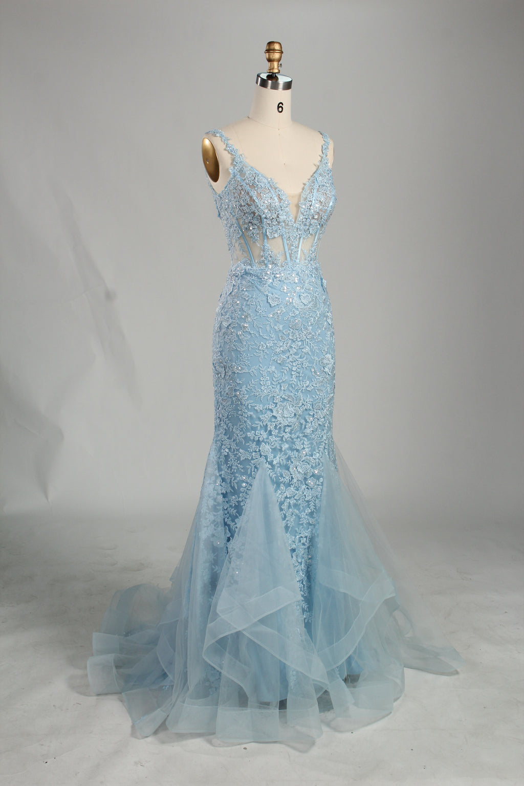 Wholesale Light Blue Lace Prom Dress - Mermaid Criss - Cross Back Gown 33248