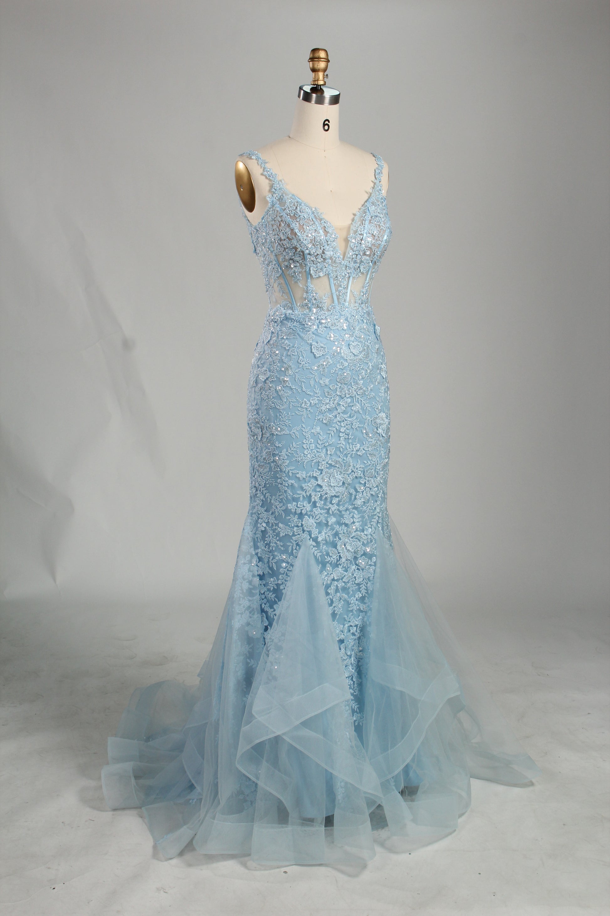 Wholesale Light Blue Lace Prom Dress - Mermaid Criss - Cross Back Gown 33248