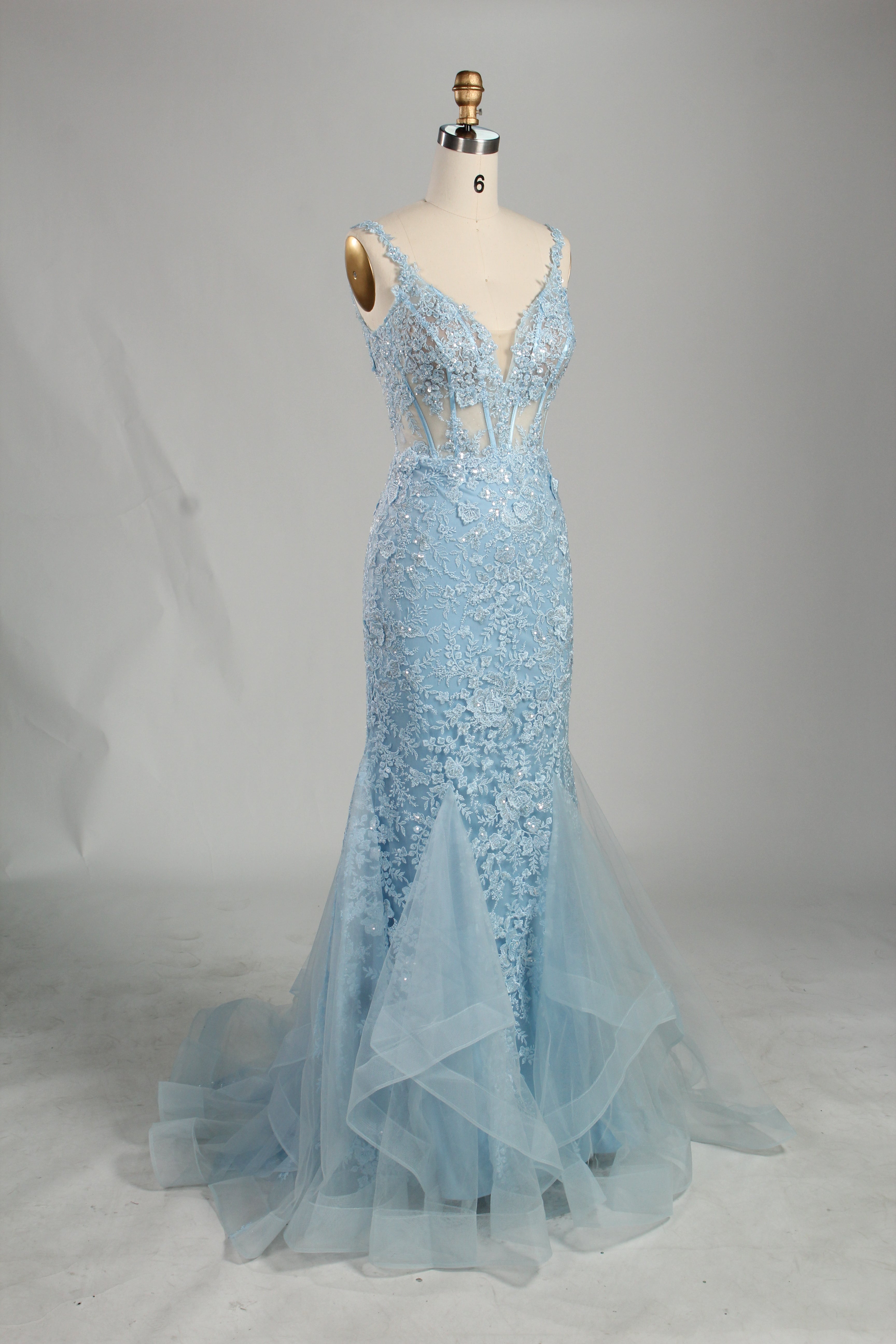 Wholesale Light Blue Lace Prom Dress - Mermaid Criss - Cross Back Gown 33248