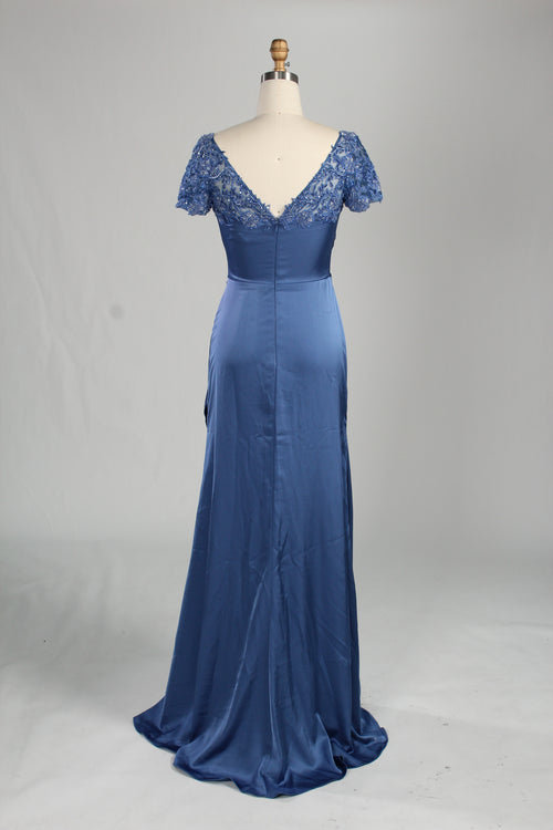 Front view of an exquisite steel blue sheath fit and flare mother of the bride dress featuring a scoop neck lace bodice, short sleeves, draped wrap-style satin waistline, and a long flowing floor-length satin skirt, perfect for weddings or formal evening galas and available for wholesale or bulk purchase.