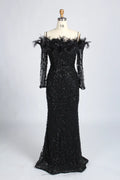 Sophisticated Off-the-Shoulder Beaded Mother of the Bride Dress with Feather Trim KY037