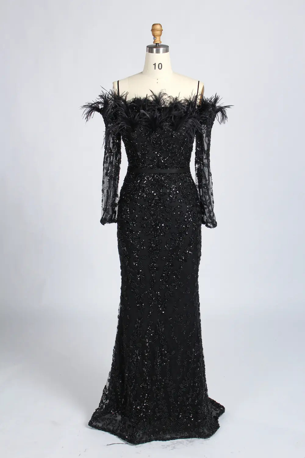 Sophisticated Off-the-Shoulder Beaded Mother of the Bride Dress with Feather Trim KY037